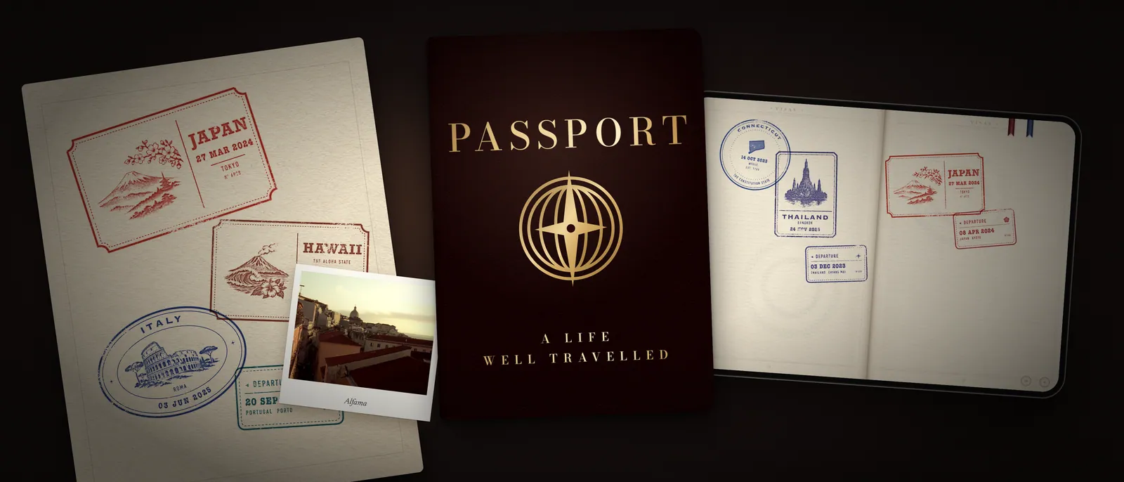 The PASSPORT cover beside pages of travel stamps and a photograph from Lisbon