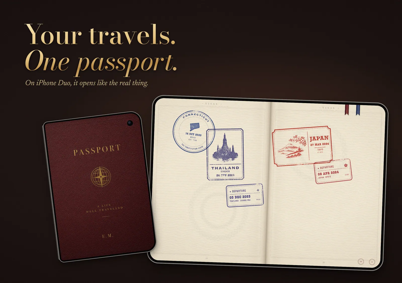 PASSPORT on iPhone Duo: the leather cover beside an open spread of travel stamps