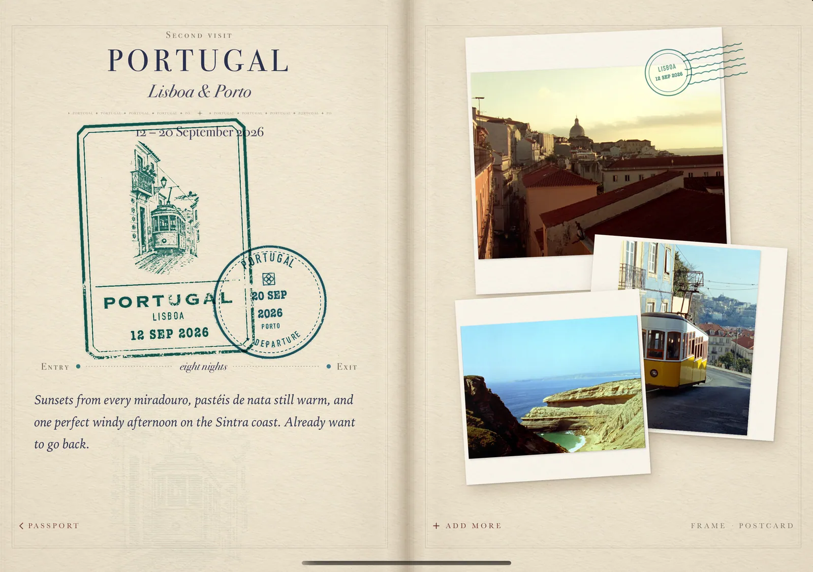 A PASSPORT trip page for a second visit to Portugal, with its own stamps, dates, note and photographs