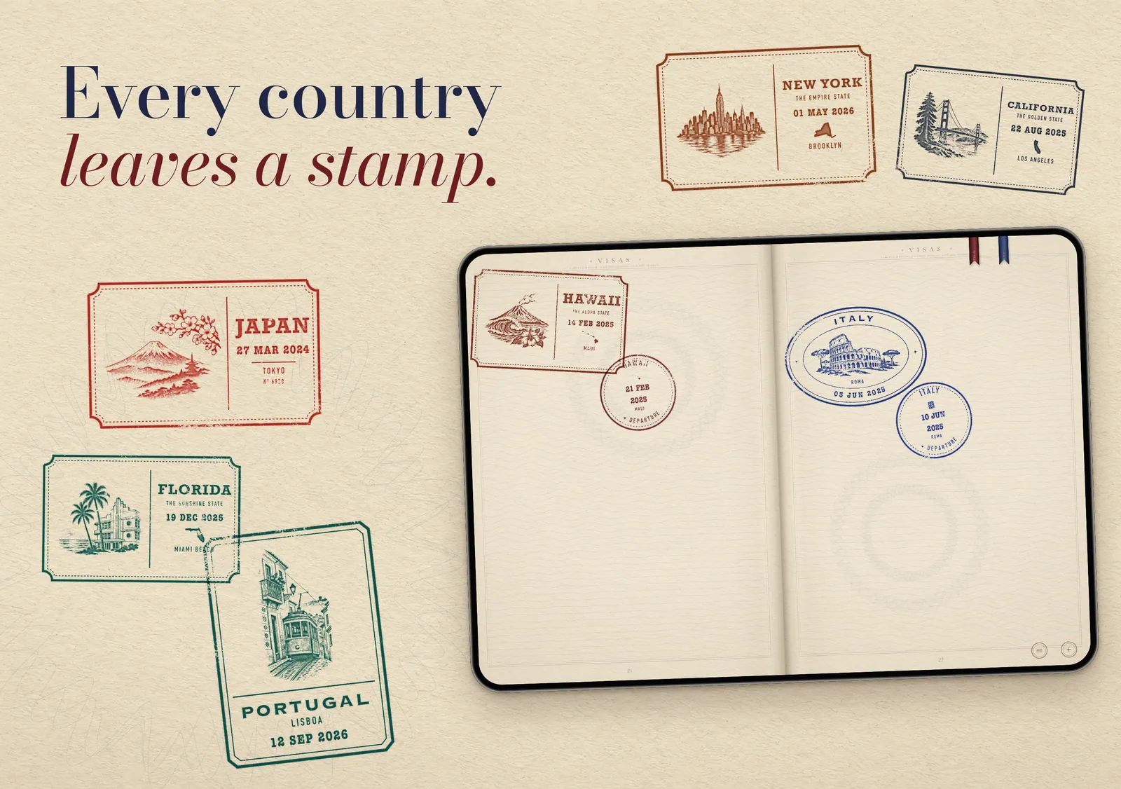 Ink stamps from Japan, Florida, New York, California and Portugal collected on the pages of PASSPORT