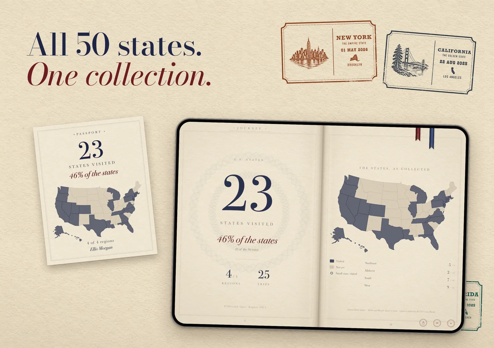 PASSPORT counting US states: 23 of 50, with a map of the states visited