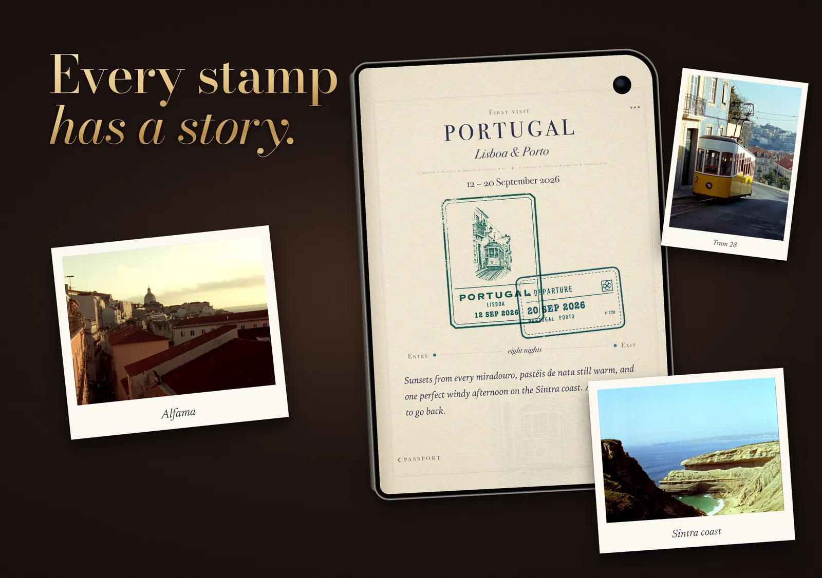 A PASSPORT trip page for Portugal with arrival and departure stamps, a note and photographs from the trip