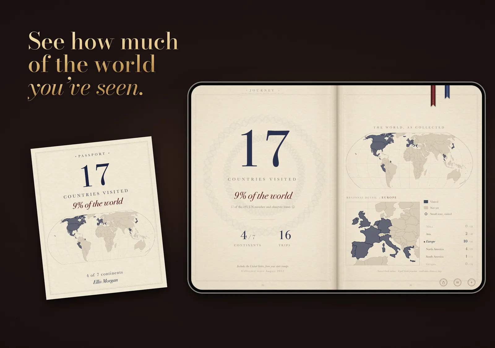 The PASSPORT Journey on iPhone Duo: 17 countries visited, 9% of the world, on an engraved world map